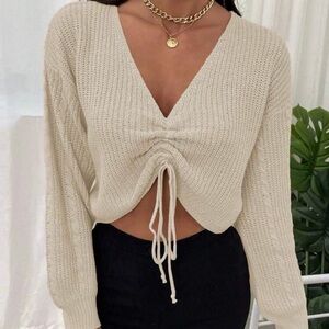 Cream Knit V-Neck Sweater